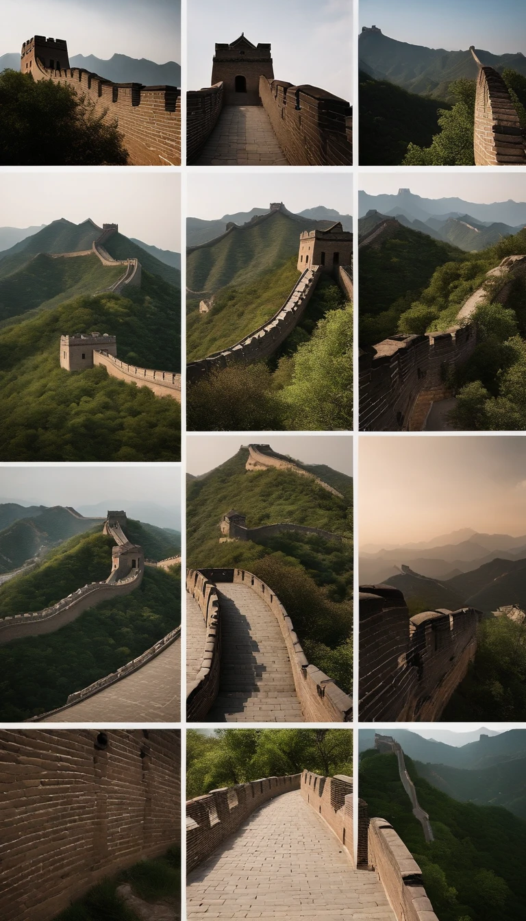 Detailed images of specific sections of the Great Wall of China, revealing the different construction materials and architectural techniques used in its construction.