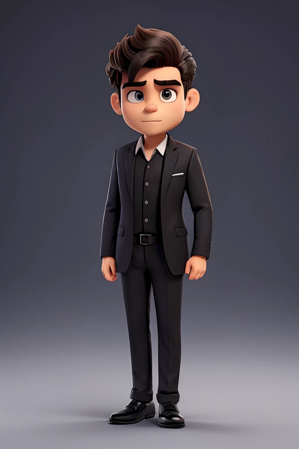 Um jovem homem com barba, in a black suit with white button-down dress shirt. bonito, barba, com cabelo preto, with a serious face.