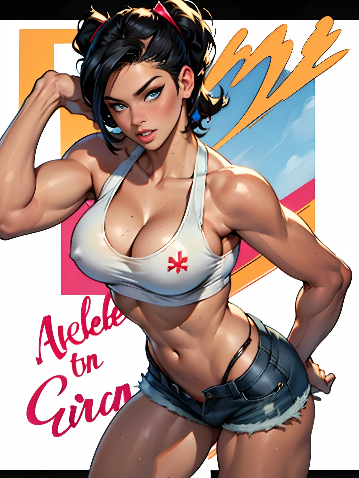 (high quality, best rendering), (beautiful girl), Blue Eyes, black hair(bombshell, pin-up style), psychopath, crazy face, sexy pose, jean short shorts, tank top, pastel, centered, scale to fit dimensions, micro thong, micro bikini, camel toe