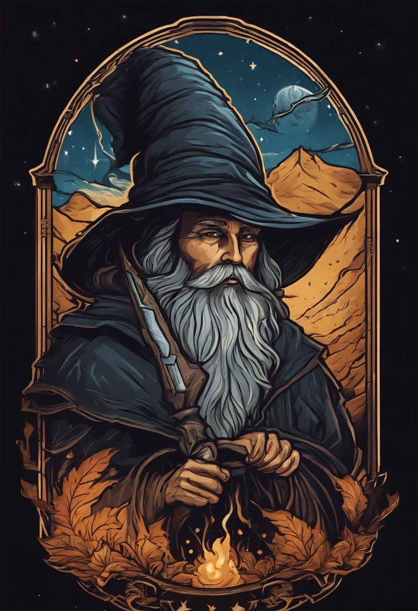 /imagine prompt: wizard illustration for a sticker with a black background, in bold outline style, jagged edges, trashcore, light shading --v 5.2