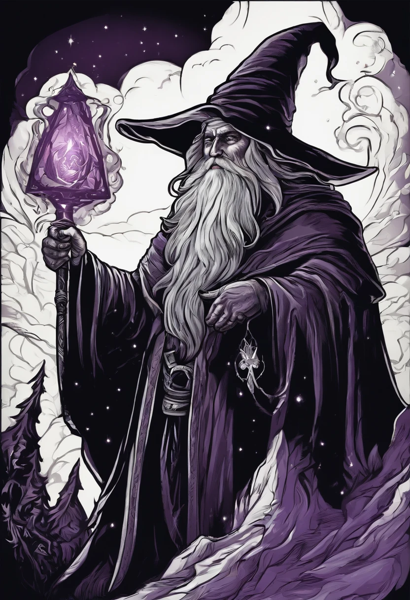 /imagine prompt: wizard illustration for a sticker with a black background, in bold outline style, jagged edges, trashcore, light shading --v 5.2