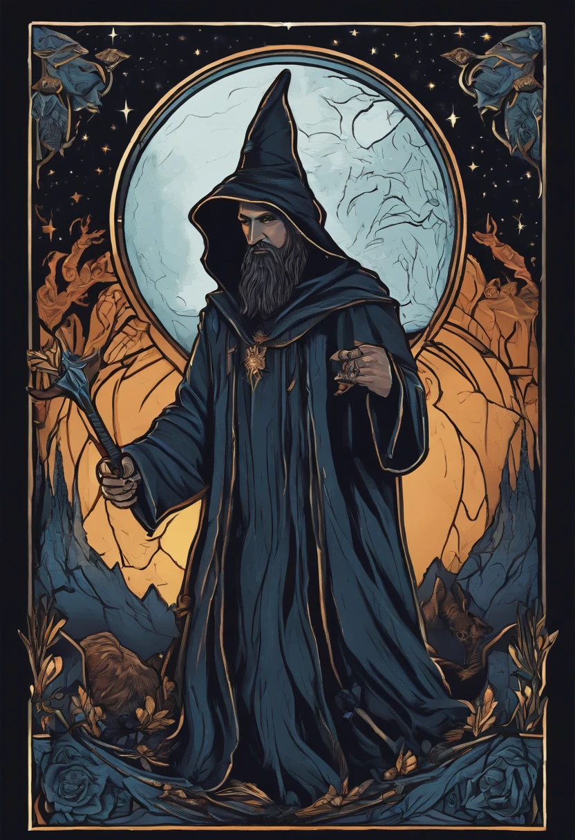 /imagine prompt: wizard illustration for a sticker with a black background, in bold outline style, jagged edges, trashcore, light shading --v 5.2