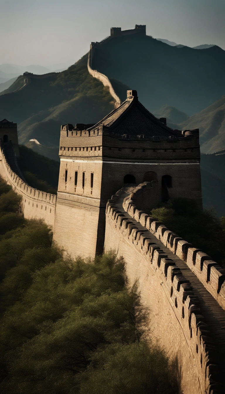 Fotografias de torres de vigia ao longo da muralha da china, displaying the defense and observation structures that made up the Great Wall's protection system.