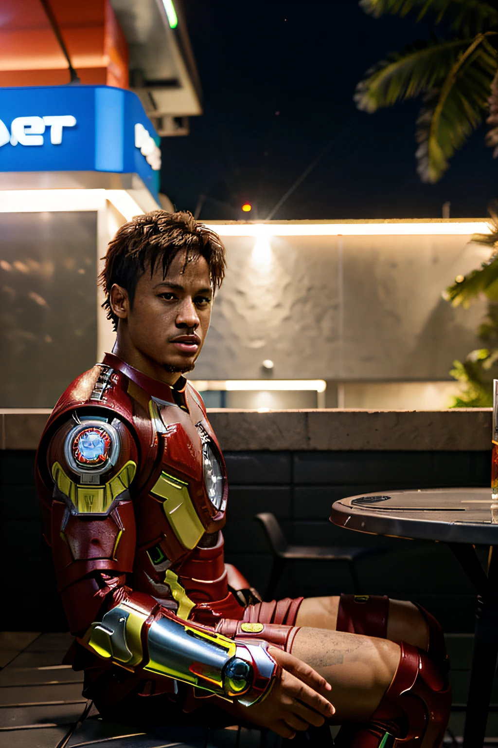 Player Neymar Junior, wearing Iron Man armor, on a terrace in a cyberpunk environment
