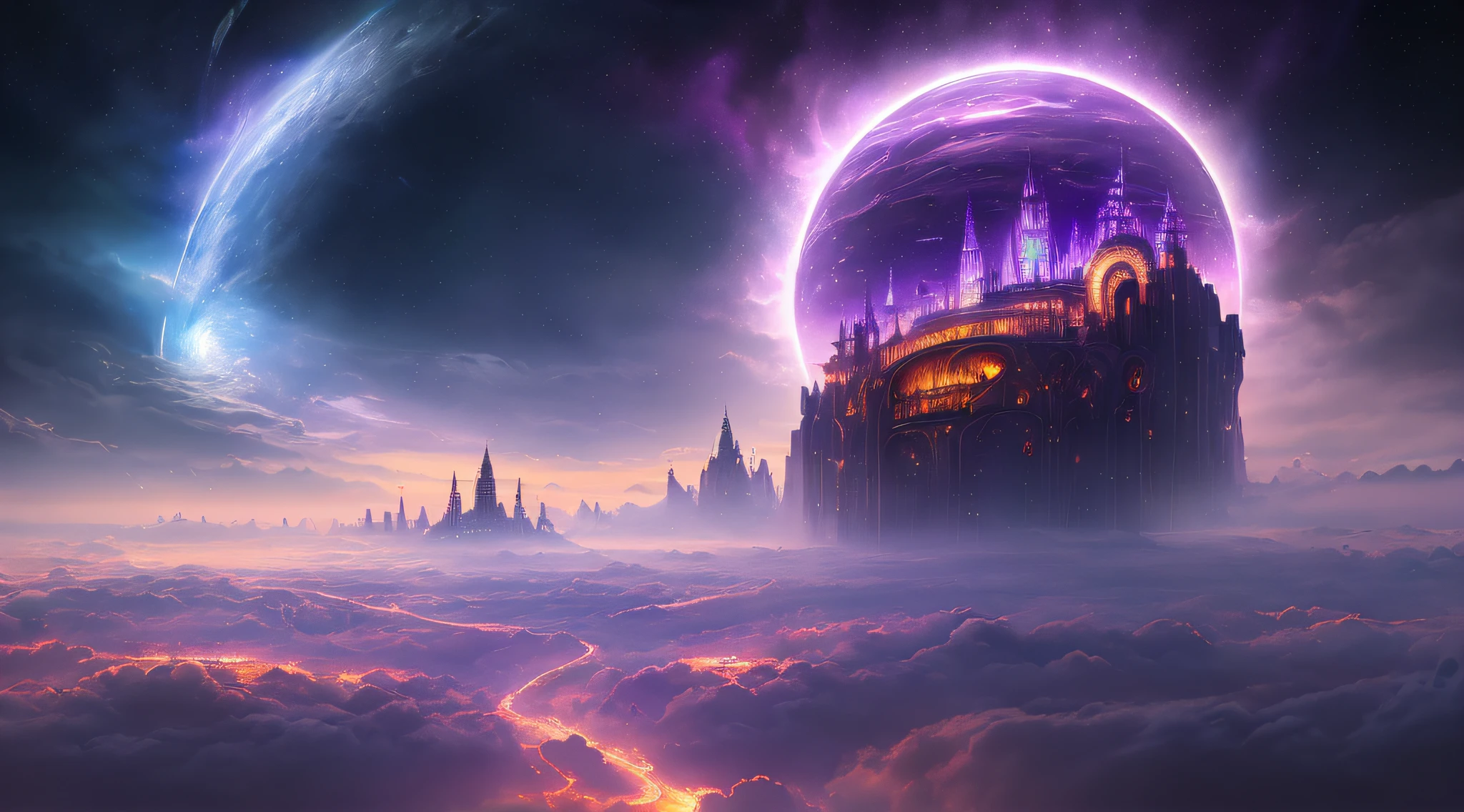 ((master piece)),best quality, (8k, best quality, masterpiece:1.2), ultra-detailed, illustration, Grand scene, big city, fantasy, ethereal city, Floating city, many planets in the skies, clouds around, celestial architecture, purple energy is erupting from the terrain