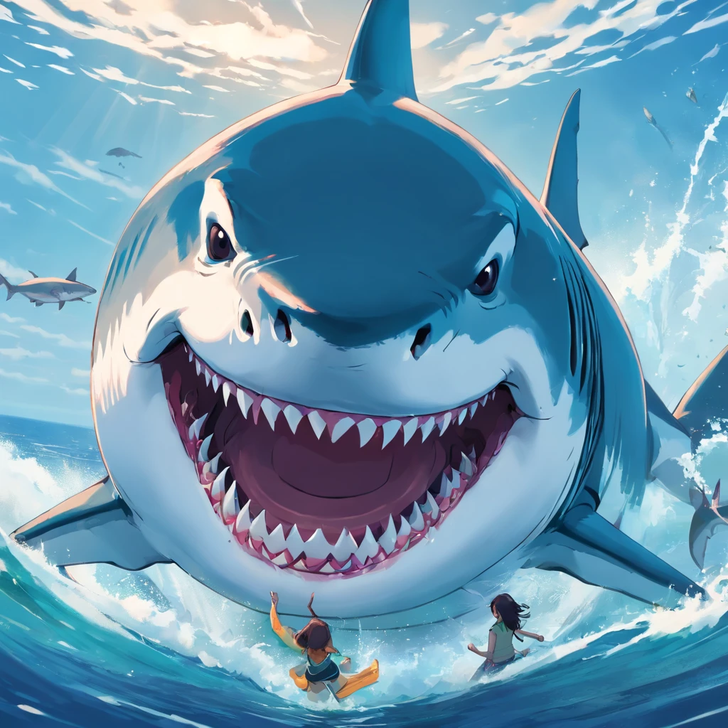 great white shark，comic strip，Open mouth，sharpteeth，colossal