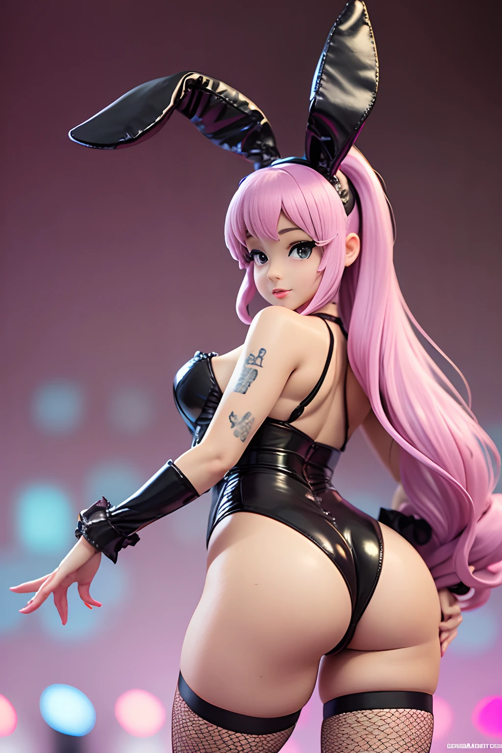 arafed image of a woman ((Ariana Grande)) in (fishnet stockings, Torn Tights) and bunny ears, bunny girl, ultrarealistic sweet bunny girl, pop up parade figure, seductive anime girl, playboy bunny, anime figure, anime figurine, with long floppy rabbit ears, seductive. highly detailed, aoshima chiho, ( highly detailed figure ), pvc figurine, with bunny ears (Back view) (Guy behind, hand on ass)