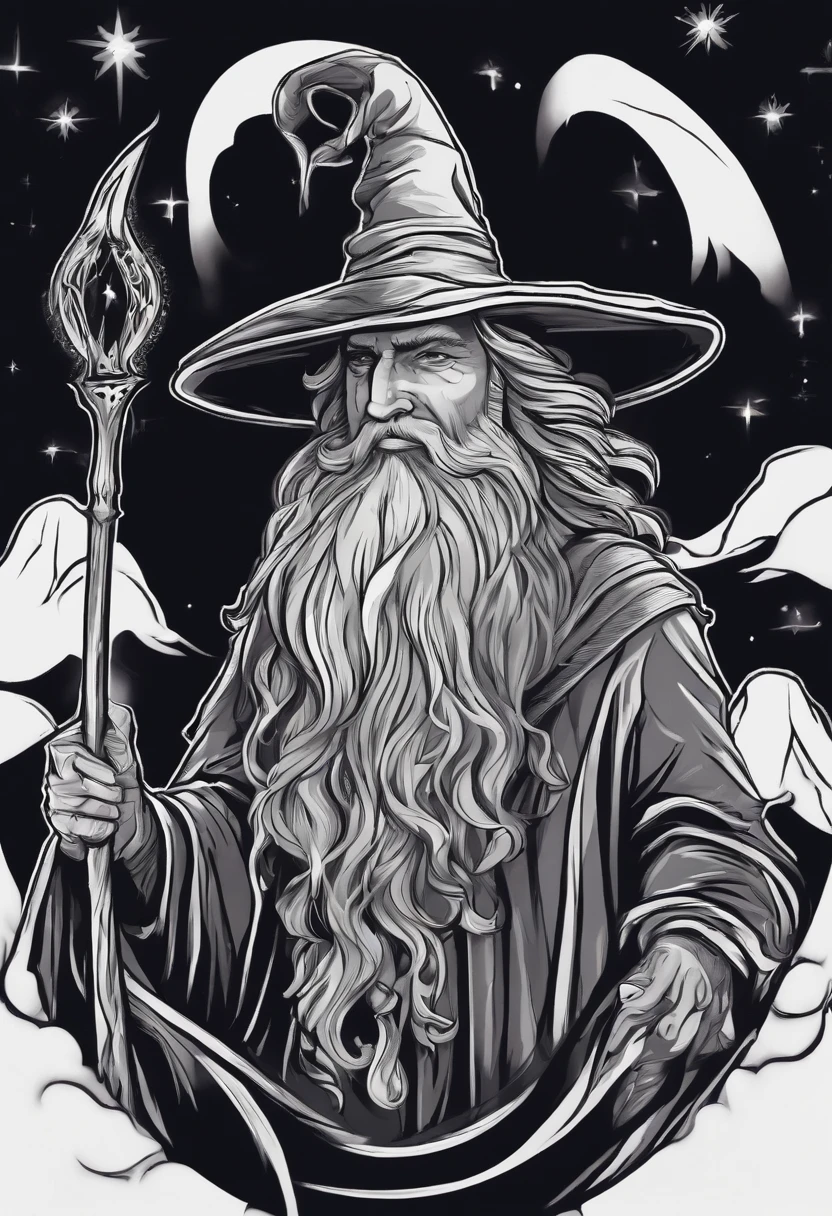 /imagine prompt: wizard illustration for a sticker with a black background, in bold outline style, jagged edges, trashcore, light shading --v 5.2