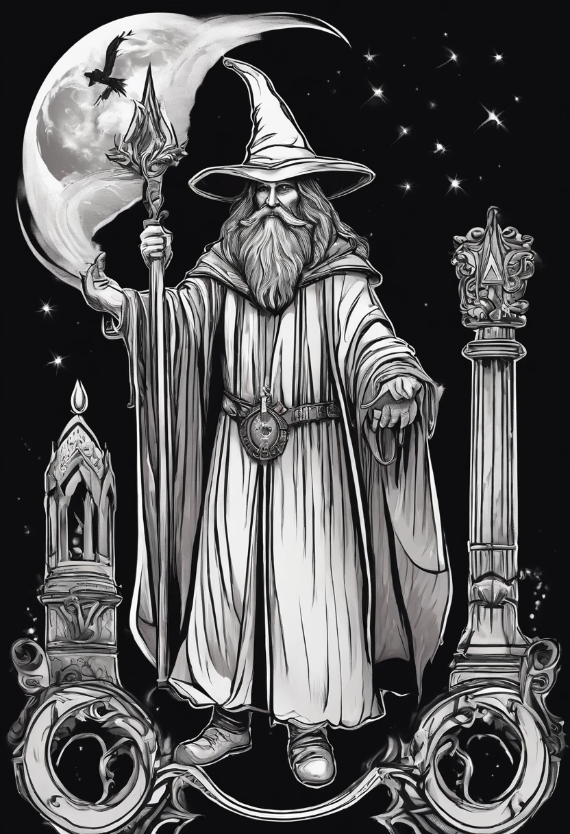 /imagine prompt: wizard illustration for a sticker with a black background, in bold outline style, jagged edges, trashcore, light shading --v 5.2