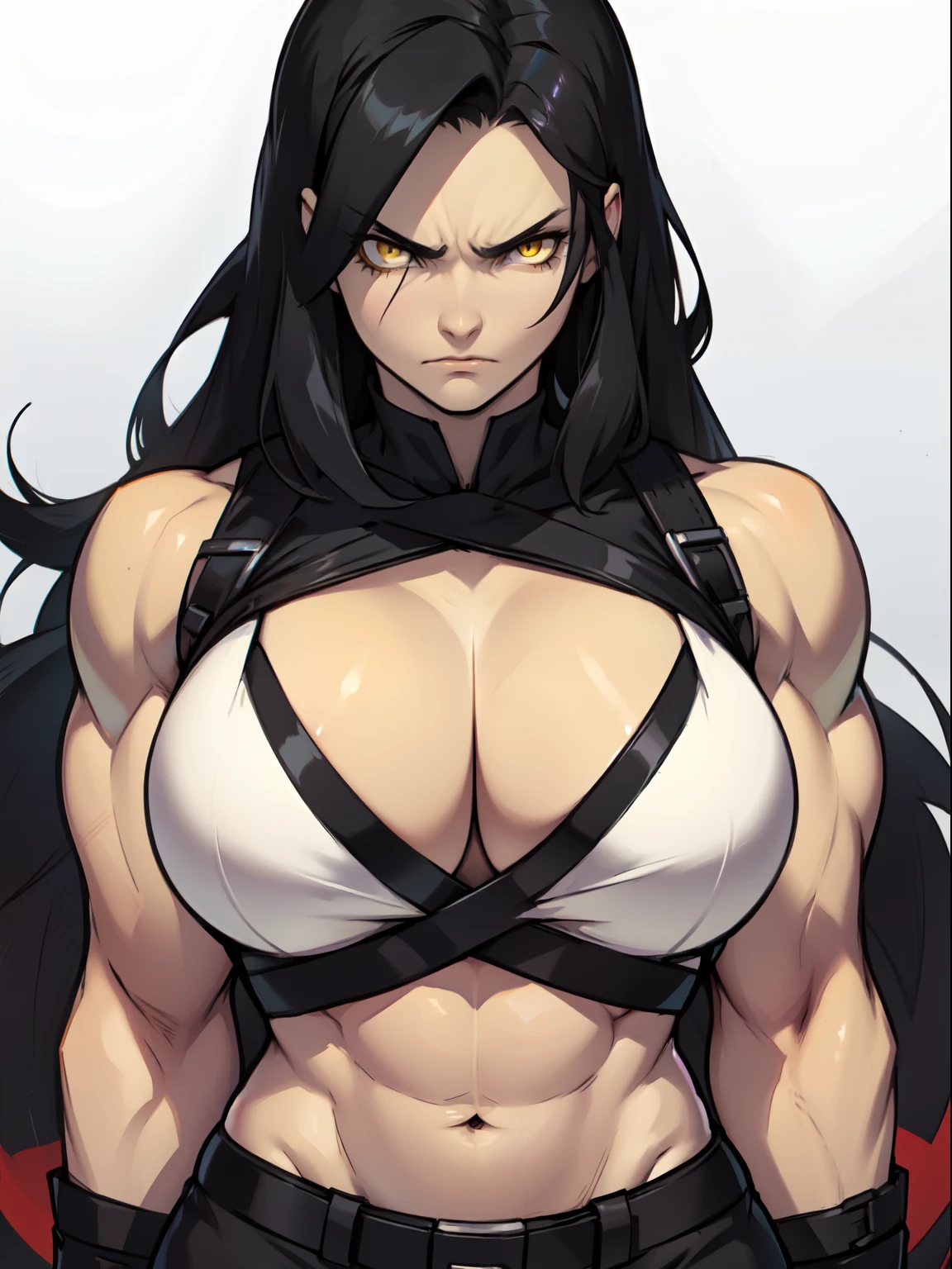 angry girl very long hair (((muscular))) girl pale skin black hair yellow eyes huge breasts