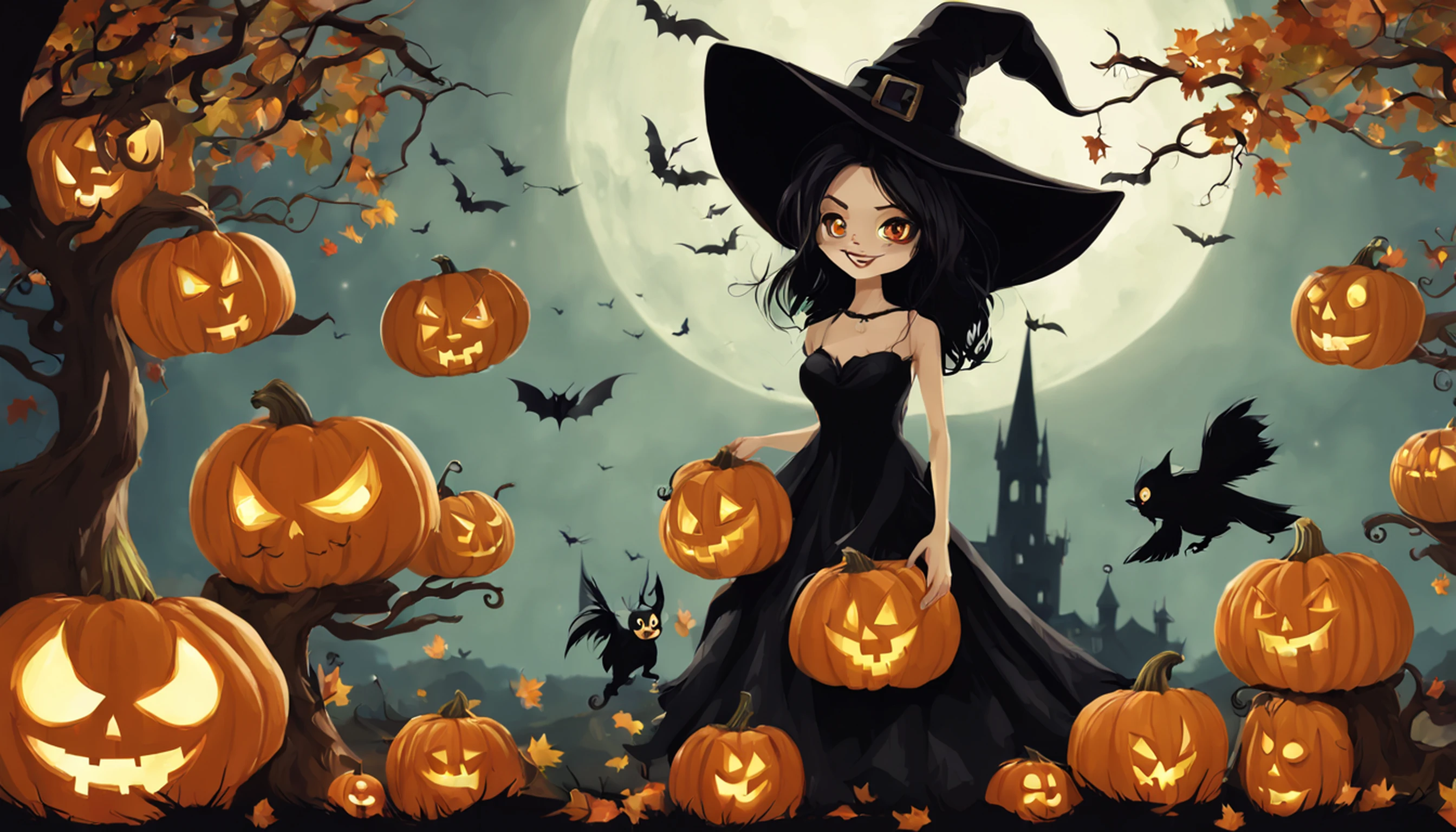 1girl, sozinho. dia das bruxas, bruxa, witch hat, cabelos longos, cabelos pretos,, vestido preto, seios grandes, clivagem, olhos vermelhos, salto alto preto, sorriso, Esqueleto, skull, pumpkin lanterns, Castelo de pedra velho, Owl on tree, lua sorridente, Fantasmas, graveyard, Ceepy, Pumpkin jack-o'-lanterns on spikes, Witch's broom in hand, Standing