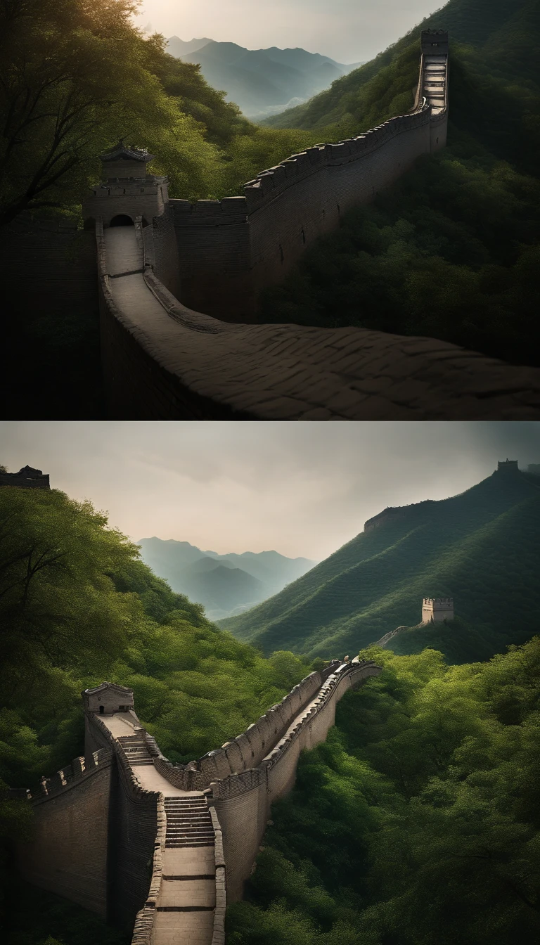 Graphic depictions showing what the Great Wall of China would have looked like at different times in Chinese history, from its initial construction to its development over the centuries.