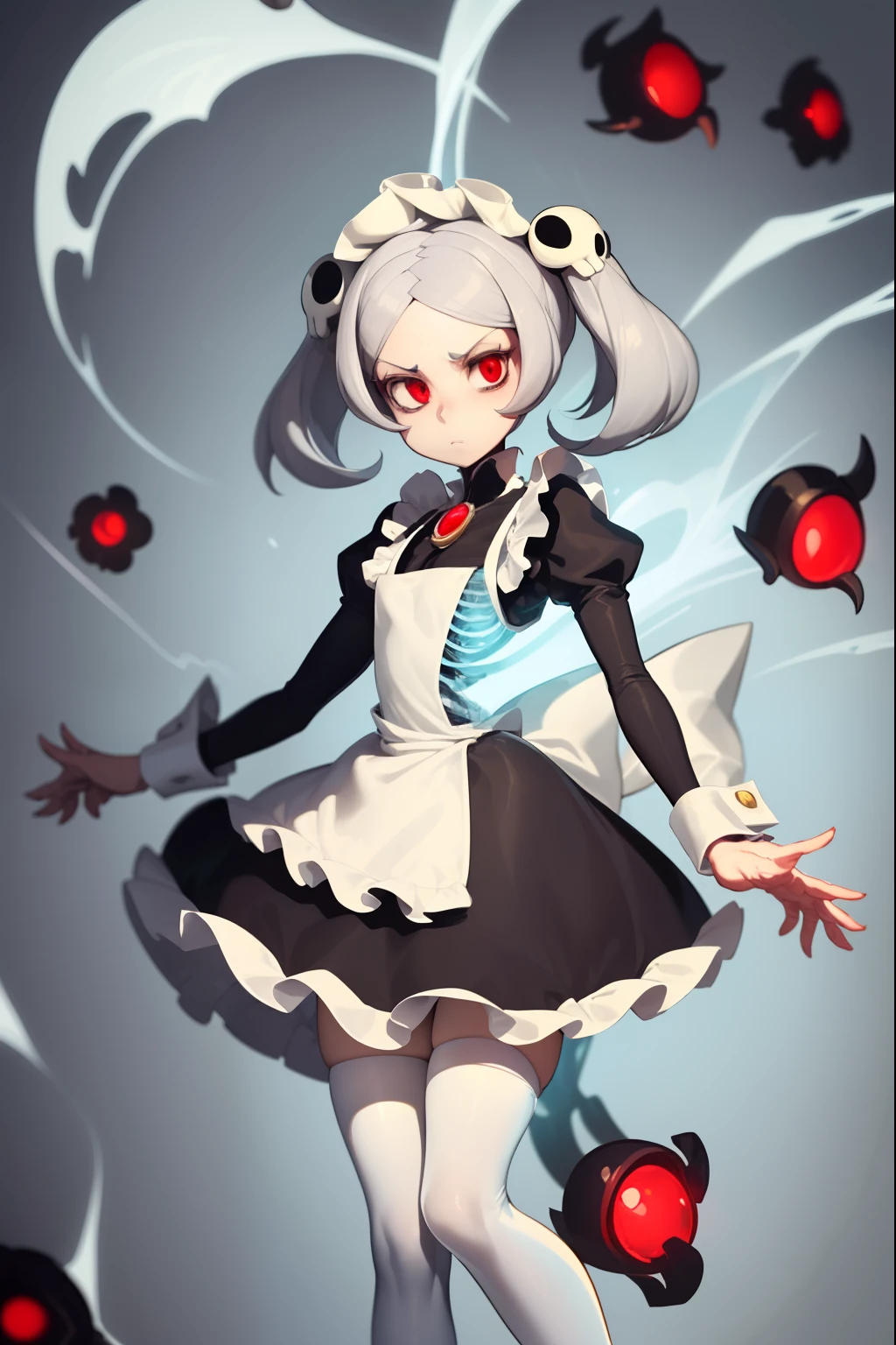 (masterpiece, best quality), marie from skullgirls, skullgirls, red pupils, blue flame on background, digital art, anime style, girl, white hair, ((maid outfit)), serious expression, necklace with red gem , white long socks, fullbody, looking at viwer, beautiful girl, 2D anime drawing, black heels, skeletons on background, black and white clothing, clothed