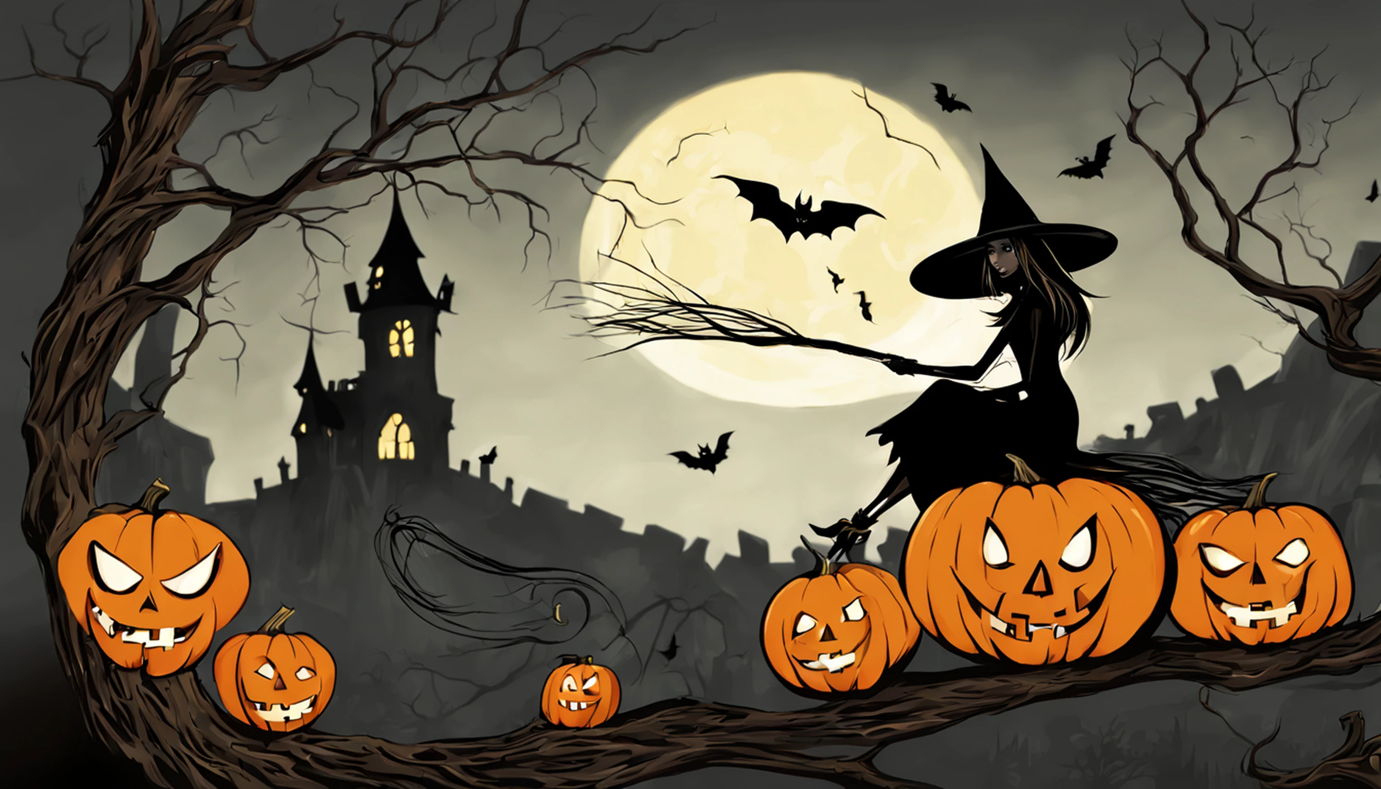 1girl, sozinho. dia das bruxas, bruxa, witch hat, cabelos longos, cabelos pretos,, vestido preto, seios grandes, clivagem, olhos vermelhos, salto alto preto, sorriso, Esqueleto, skull, pumpkin lanterns, Castelo de pedra velho, Owl on tree, lua sorridente, Fantasmas, graveyard, Ceepy, Pumpkin jack-o'-lanterns on spikes, Witch's broom in hand, Standing