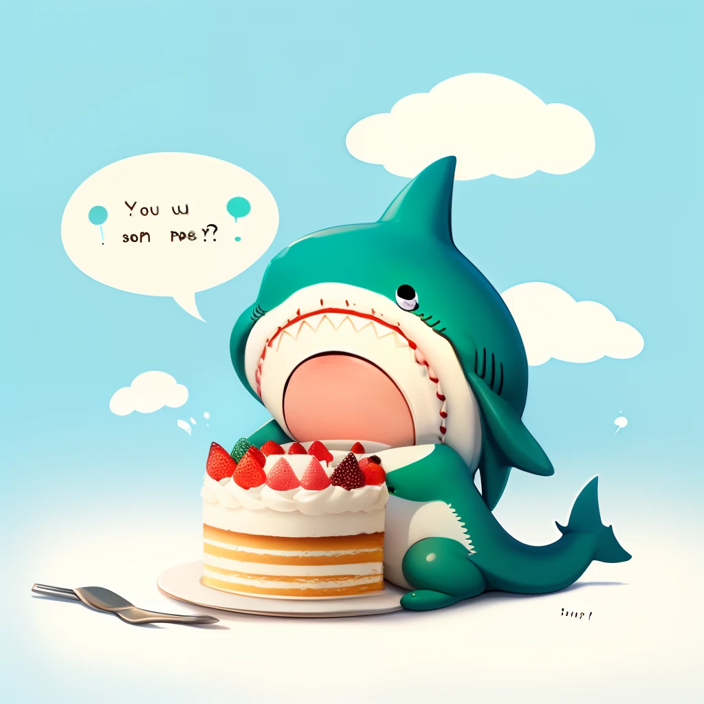 A cute Chibi-style green shark crying, with a speech bubble written I just want cake!