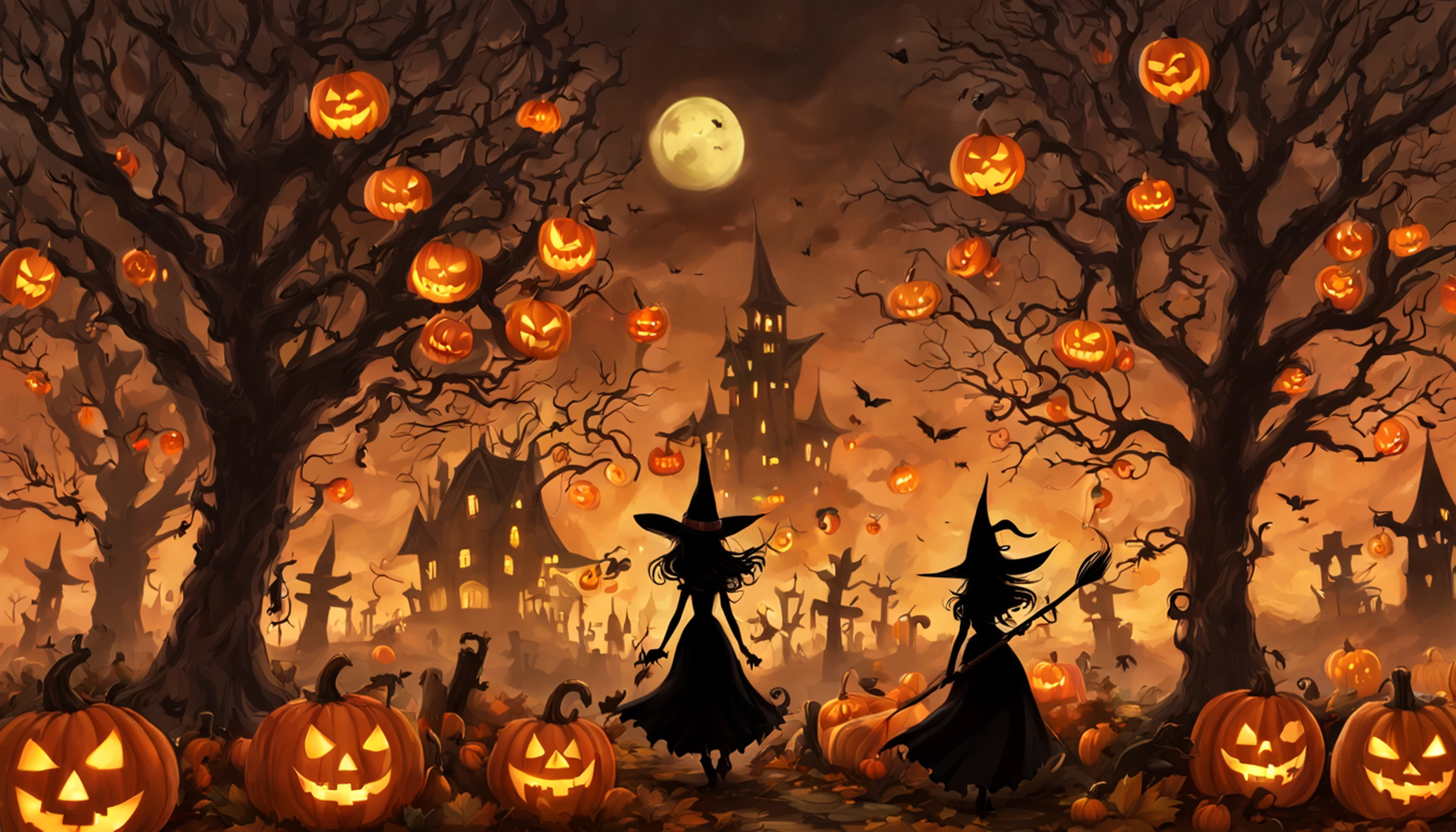 1girl, sozinho. dia das bruxas, bruxa, witch hat, cabelos longos, cabelos pretos,, vestido preto, seios grandes, clivagem, olhos vermelhos, salto alto preto, sorriso, Esqueleto, skull, pumpkin lanterns, Castelo de pedra velho, Owl on tree, lua sorridente, Fantasmas, graveyard, Ceepy, Pumpkin jack-o'-lanterns on spikes, Witch's broom in hand, Standing