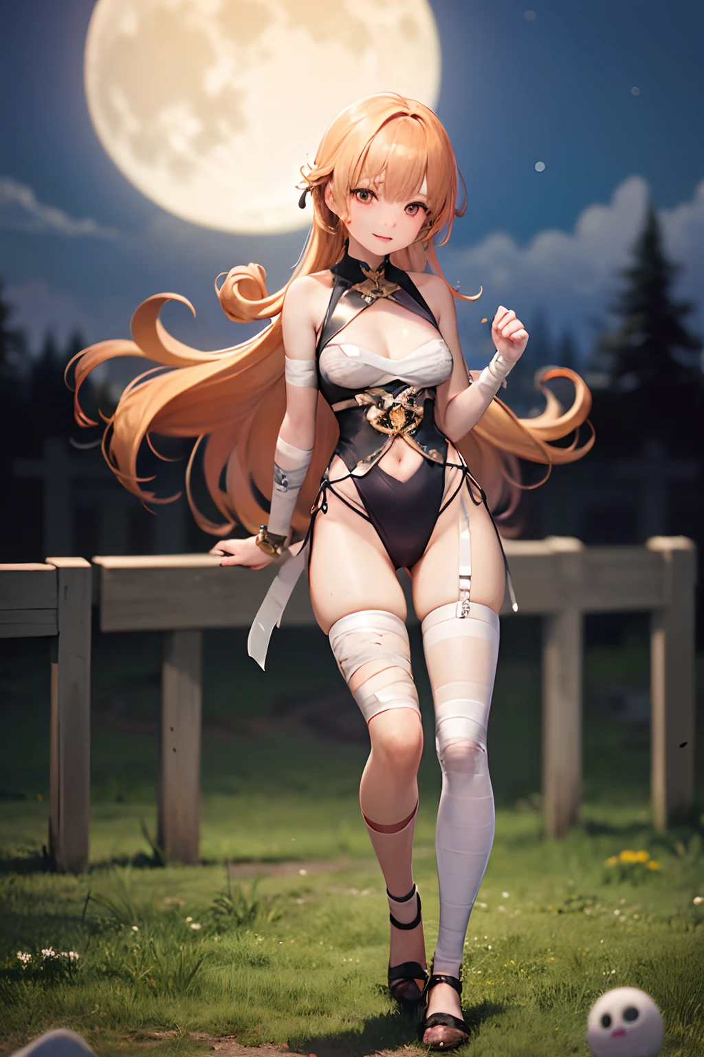 (masterpiece、top-quality:1.2)、Cowboy Shots、独奏、 1 人、Alena \(DQ4\)、A smile、looking at viewert、((Bandage suit))、((Full body bandage))、((Blurred eyes))、 ((thigh-high socks))、((Bandage on the chest))、((Bandage the crotch))、((Mummy Man Costume))、Tattered bandage、graveyard、natta、fullmoon