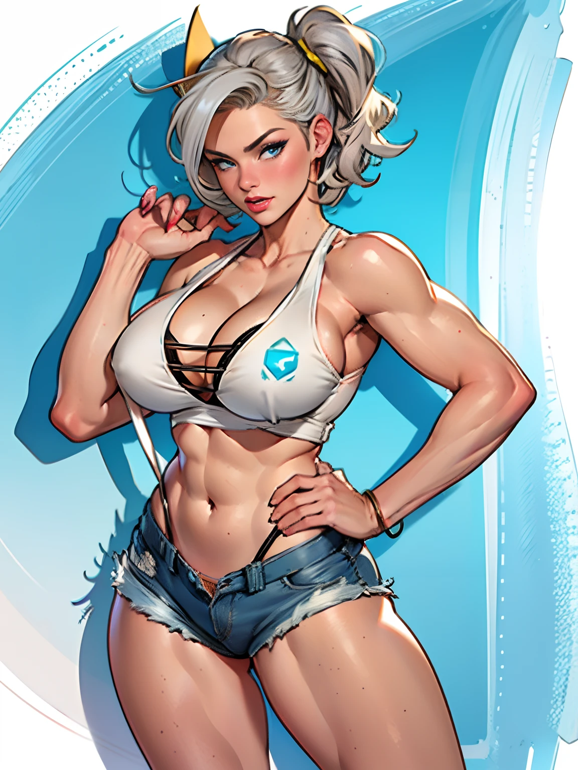 (high quality, best rendering), (beautiful girl), blue eyes, gray hair(bombshell, pin-up style), psychopath, crazy face, sexy pose, jean short shorts, tank top, pastel, centered, scale to fit dimensions, micro thong, micro bikini, camel toe