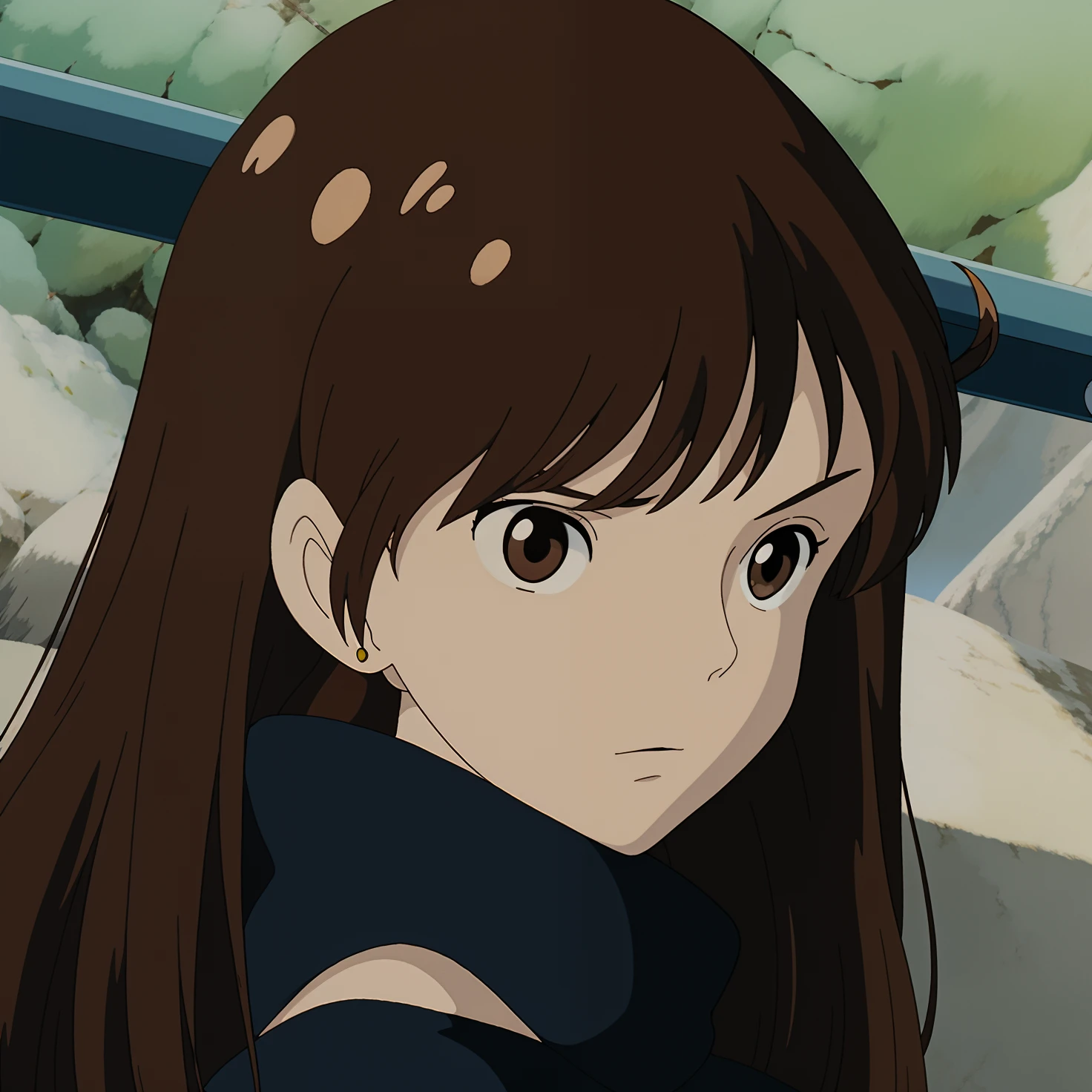 One girl, long brown hair, brown eyes, ghibli art style