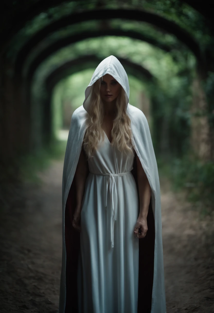 Beautiful woman 45 years old(death),in a white hooded shroud,Cyan eyes, blonde woman,Wide chest,full length,Standing in a dark tunnel,In one hand is a bloody scythe,The other hand is outstretched, beckoning to follow,Picture Quality Figure 8K, photo,tmasterpiece, crisp detailing.