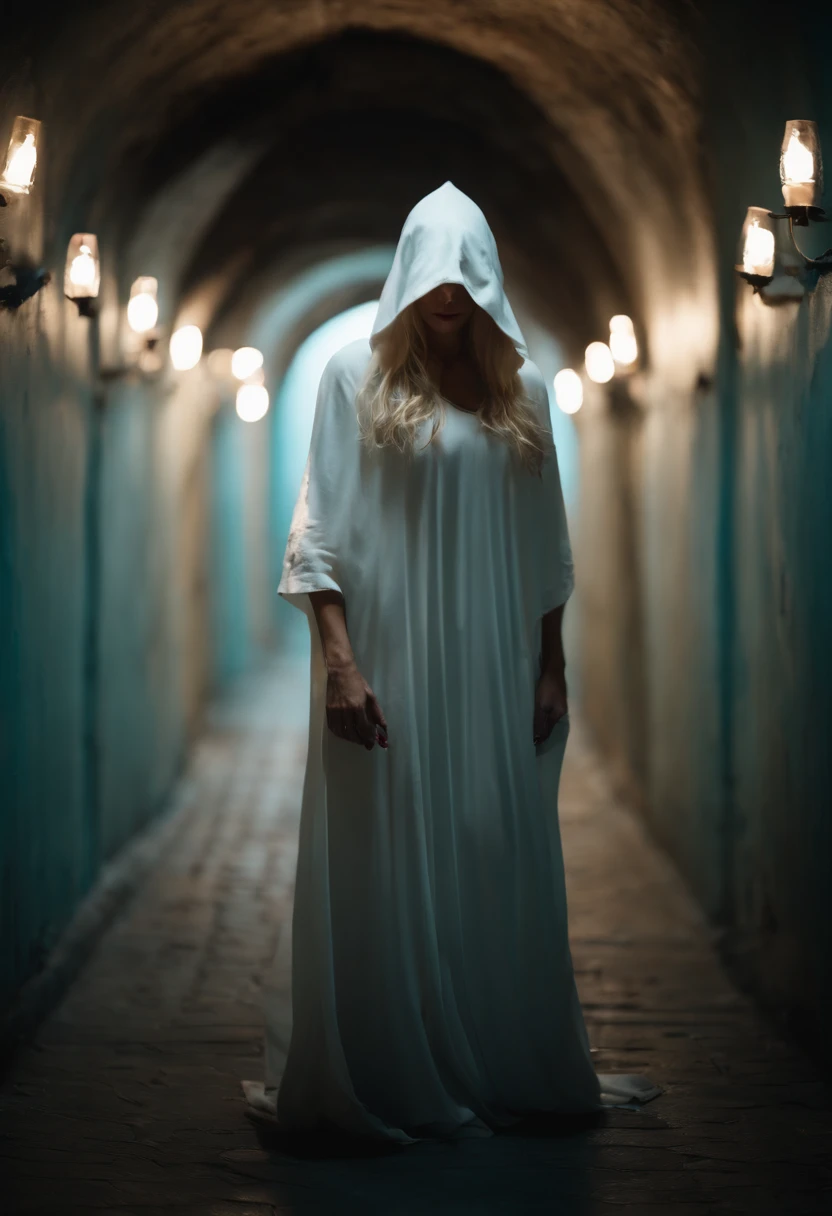 Beautiful woman 45 years old(death),in a white hooded shroud,Cyan eyes, blonde woman,Wide chest,full length,Standing in a dark tunnel,In one hand is a bloody scythe,The other hand is outstretched, beckoning to follow,Picture Quality Figure 8K, photo,tmasterpiece, crisp detailing.