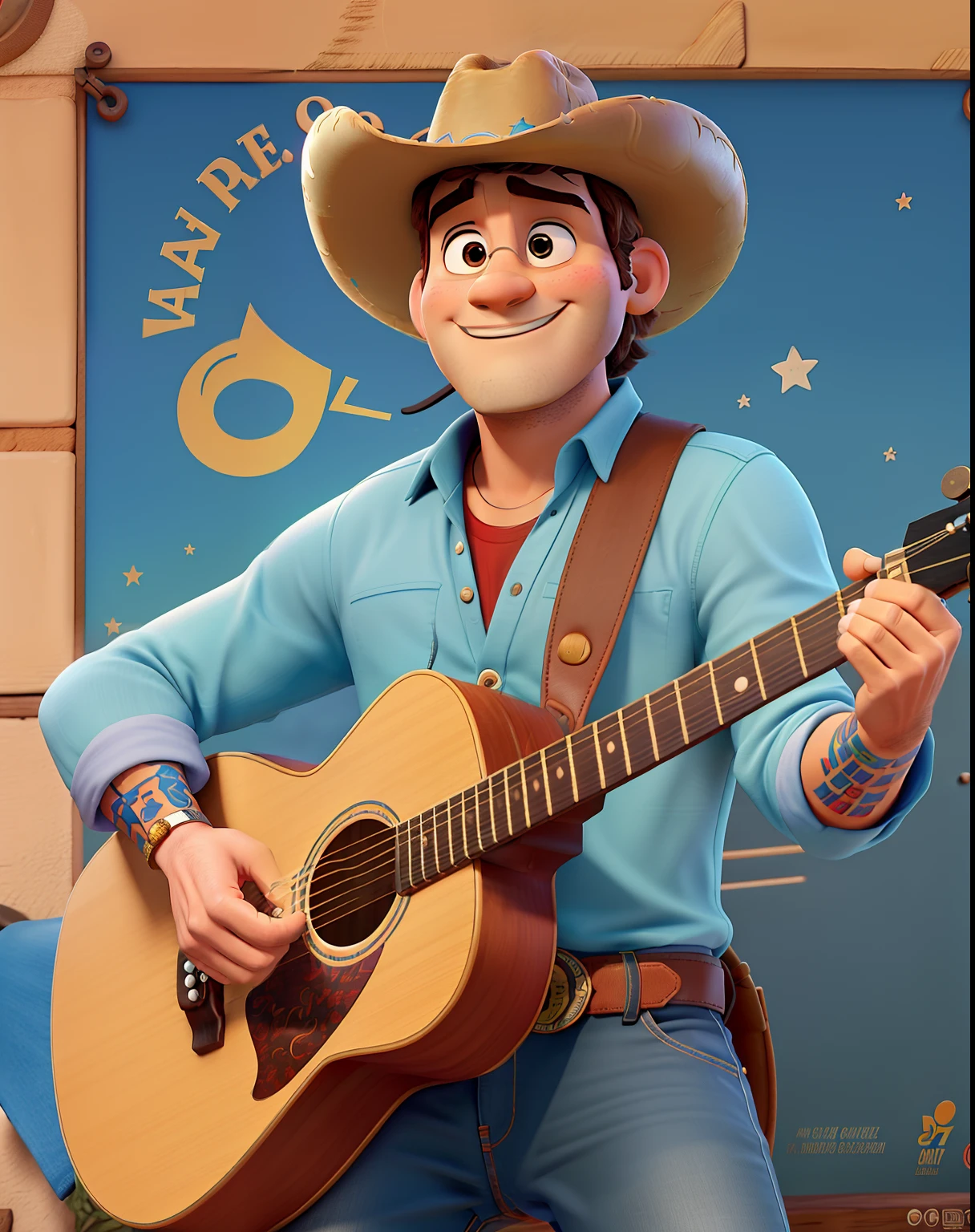 Poster of a Disney Pixar movie in high quality the title Murilo Guedes , The character is a singer , Wears a cowboy hat , Its strong , de regata branca , with guitar , barba , pode ter um fundo de show , ou fazenda , He has a tattoo on his left arm , and in the hand