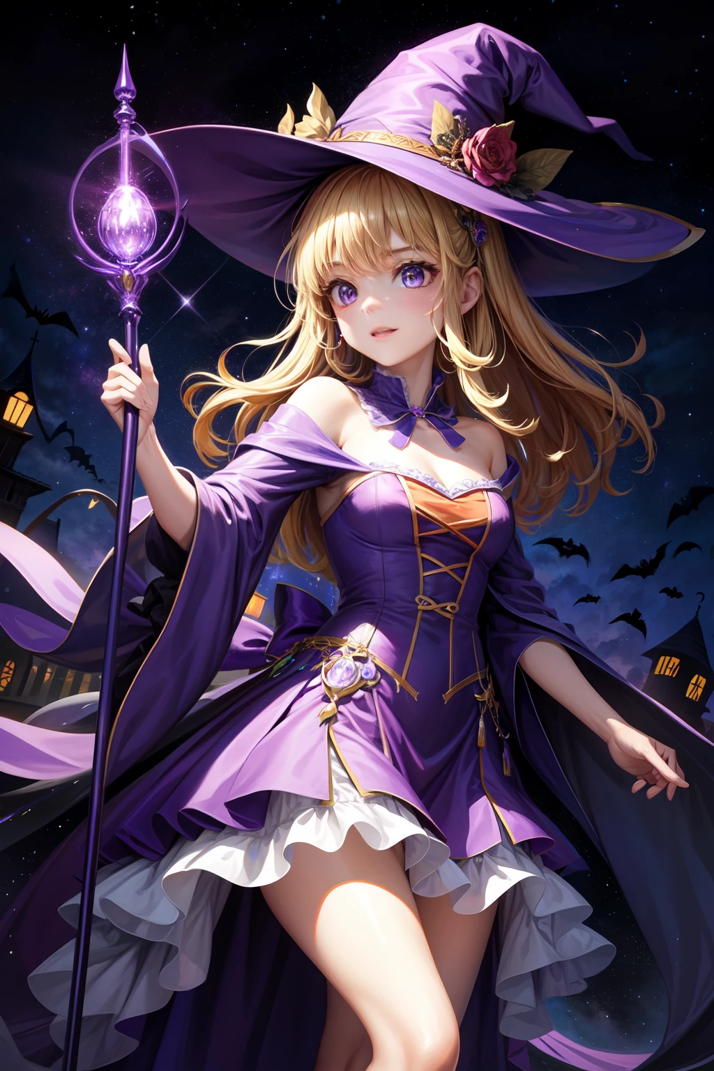 highest quality,wizard,girl,,dark blue witch hat,dark blue short cloak,topless,mini skirt,flat chest,I can see your pussy,Jewelry brooch on the chest,blonde,low twin tails,purple eyes,magic wand,Magic Effects