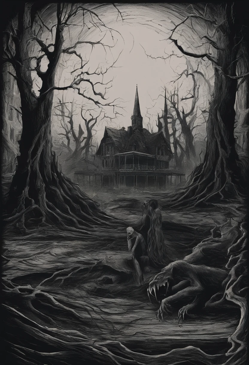 "Draw a scene of terror and anguish. A witch is in the center of the image, seu rosto contorcido em um grito de terror. Seu corpo parece distorcido e torcido, Counterclockwise rotation. The environment is gloomy and dark, com sombras profundas e um fundo sinistro. The main theme is fear and agony."