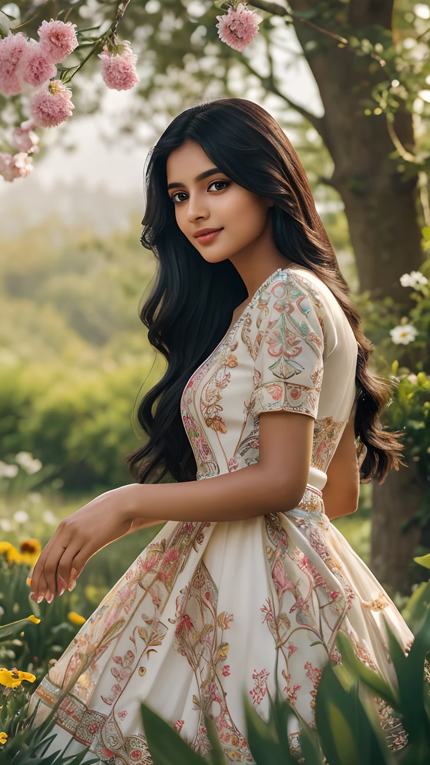 A beautiful Tamil girl with long black hair, standing in the middle of a vibrant garden. She is wearing a flowing dress with intricate floral patterns. The garden is filled with various types of flowers, such as roses, tulips, and daisies. The sunlight filters through the branches of tall trees, creating a warm and tranquil atmosphere. The girl's eyes are expressive and filled with curiosity, and her lips are delicately curved into a gentle smile. The colors in the scene are vivid and vibrant, showcasing the beauty of nature. The image quality is of the highest level, with every detail and texture meticulously rendered. The overall style of the artwork is reminiscent of a picturesque landscape painting. The color palette is rich and harmonious, featuring a combination of soft pastels and vibrant hues. The lighting in the scene is soft and diffused, creating a warm and inviting ambiance.(((intricate zepto metric detailing of face & eyes & nose & lips & hands & fingers & legs & toes & anatomy & background)))