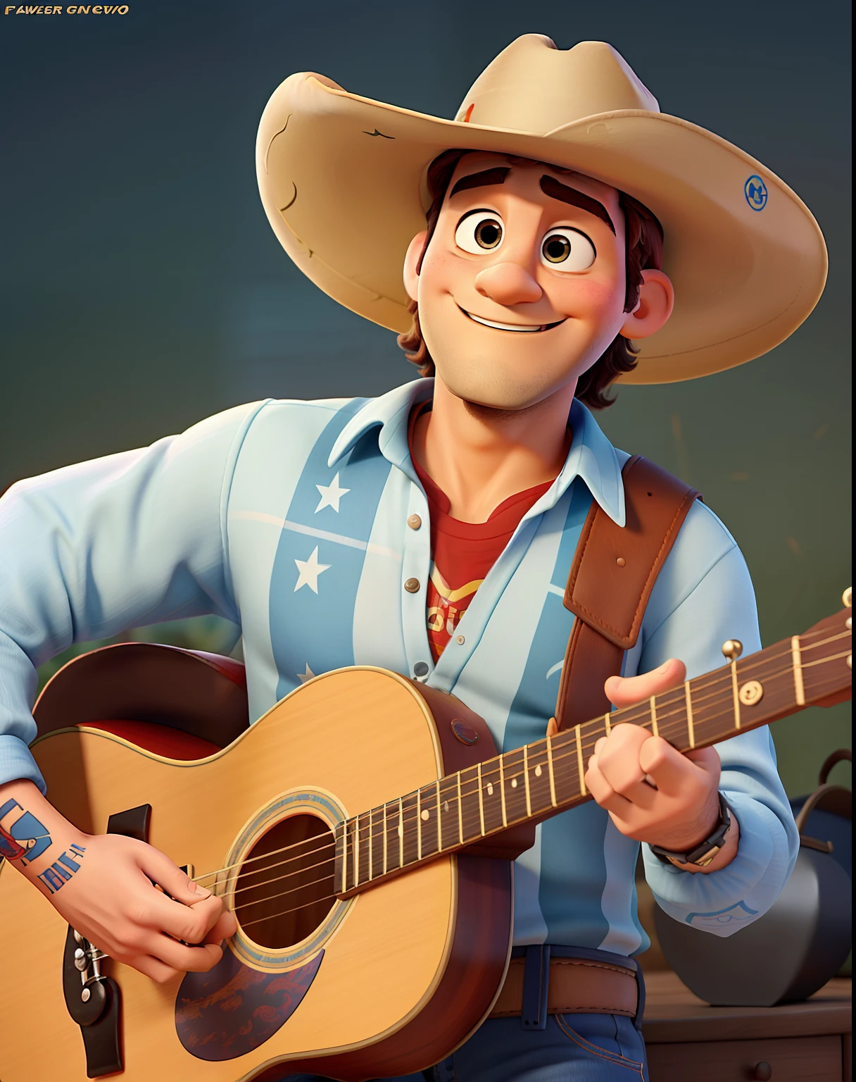 Poster of a Disney Pixar movie in high quality the title Murilo Guedes , The character is a singer , Wears a cowboy hat , Its strong , de regata branca , with guitar , barba , pode ter um fundo de show , ou fazenda , He has a tattoo on his left arm , and in the hand