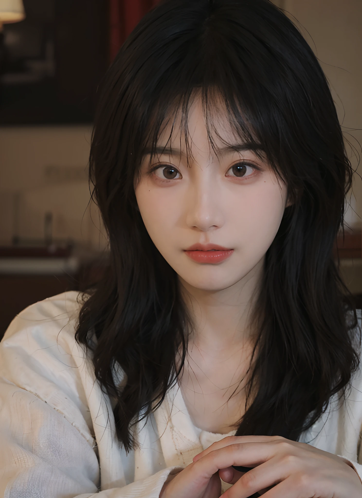 best qualtiy, 超高分辨率, (realisticlying:1.4), A woman with long black hair and a gray sweater, 中景 the scene is,Soft portrait shot 8 K, pale round face, with round face, She has black hair,By bangs, young lovely Korean faces, wan adorable korean face, ulzzangs, Shin Jinying, beautiful aesthetic face, Korean face features, soft round face, iu lee ji-eun as a super villain, Beautiful realistic face