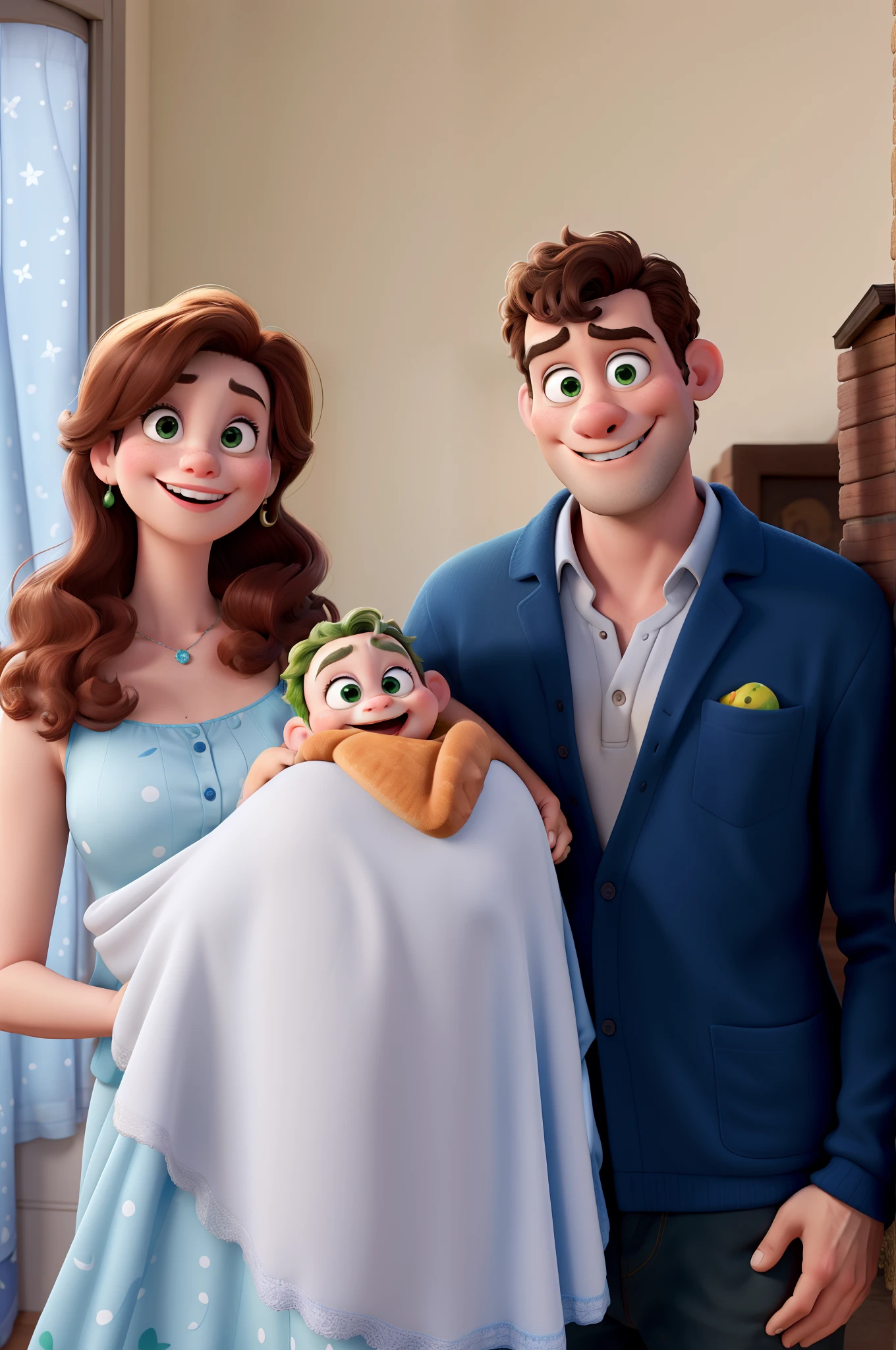 Disney Pixar-style happy family image adaptation. Adultos magros. Menina loira com olhos azuis. Olhos homem verdes.