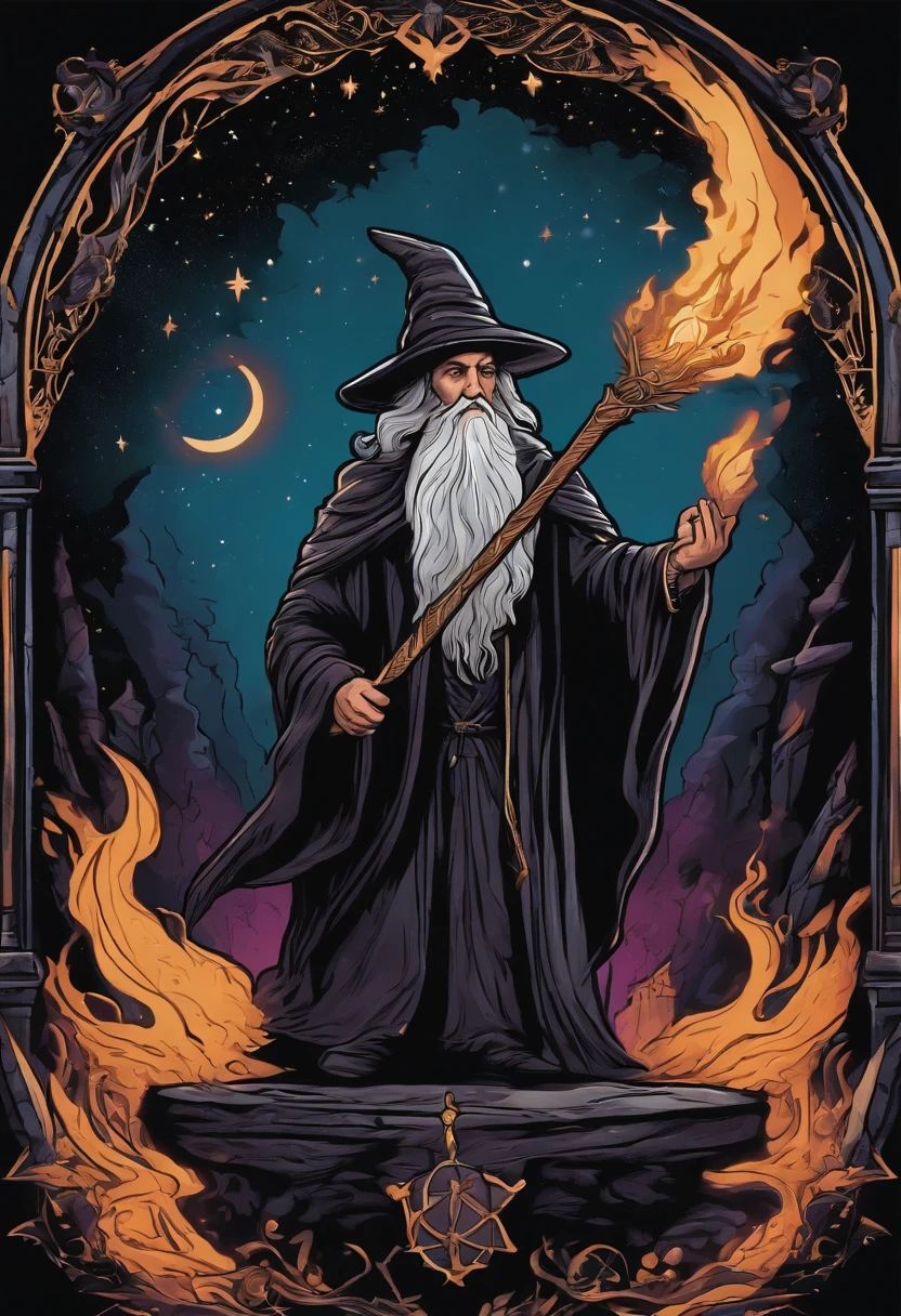 /imagine prompt: wizard illustration for a sticker with a black background, in bold outline style, jagged edges, trashcore, light shading --v 5.2