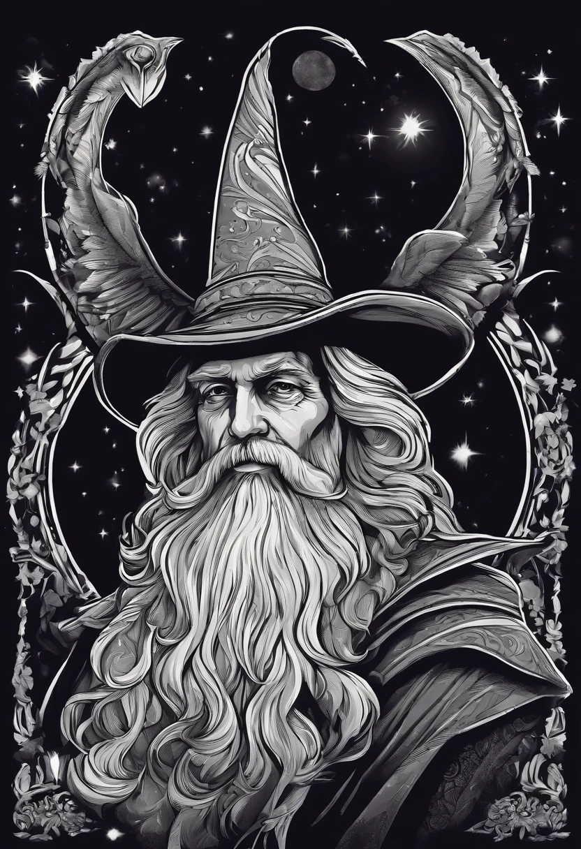 /imagine prompt: wizard illustration for a sticker with a black background, in bold outline style, jagged edges, trashcore, light shading --v 5.2