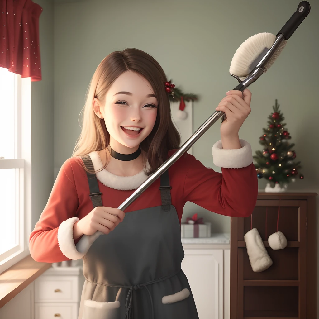 Photo of happy person cleaning house christmas decoration
