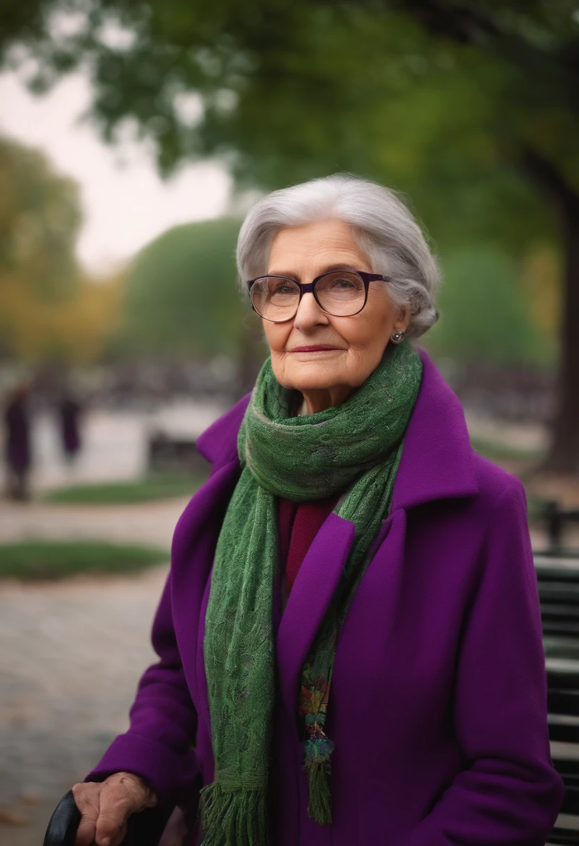 masterpiece, best quality, an old woman with glasses and a scarf on, wearing a purple coat and green scarf, standing at the park