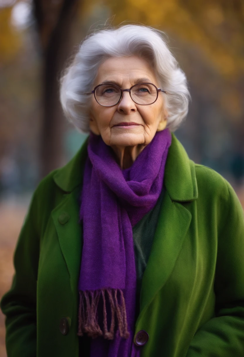 masterpiece, best quality, an old woman with glasses and a scarf on, wearing a purple coat and green scarf, standing at the park