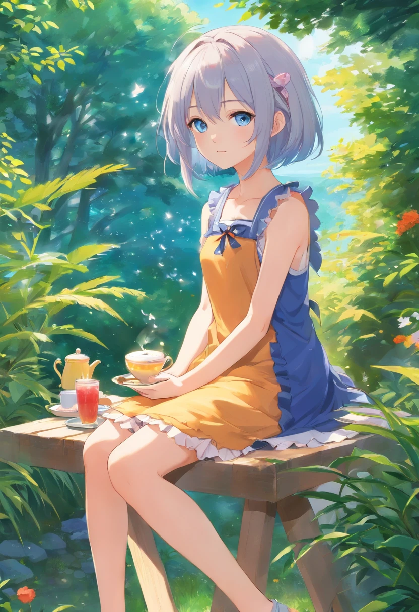 Stand in the garden、Wearing everyday clothes,silber hair,blue eyes、Cat-eared girl, in dress having breakfast, small lolialistic, thiccwithaq, small loli giroft anime illustration, Anime visuals of cute girls, Detailed Digital Anime Art, (((No arm frills)))