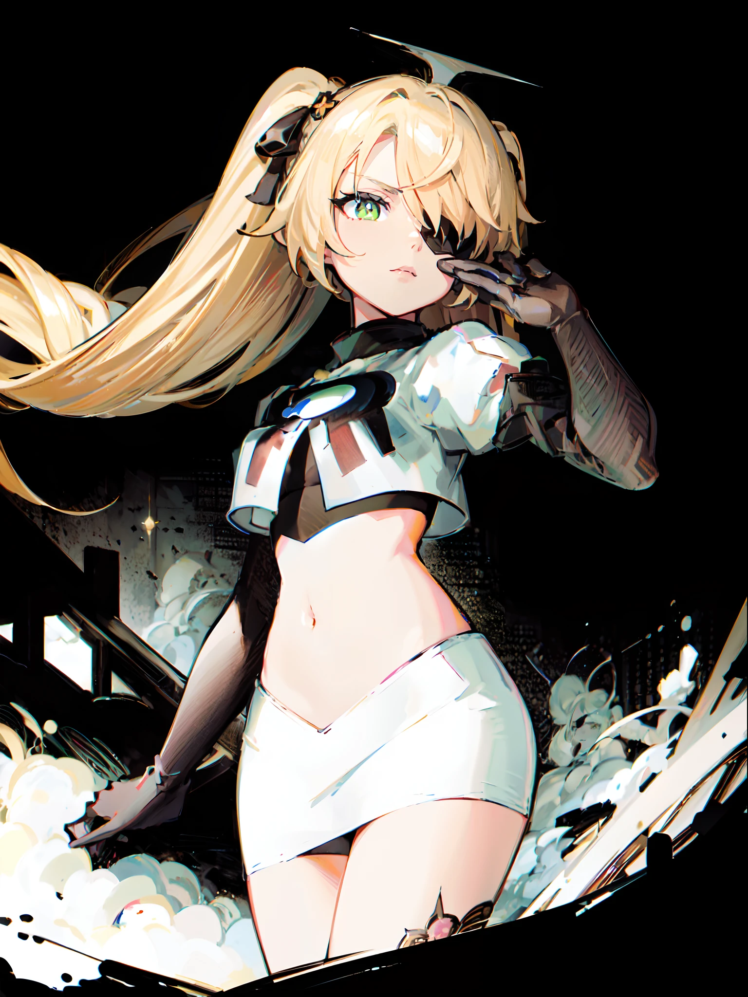 fischl (genshin impact), green eyes, (white pupils:1.2), fischl (genshin impact), medium_breasts, blonde hair, eyepatch, long hair,hair over one eye,1girl,team rocket,team rocket uniform,white skirt,crop top,black thigh-highs,black elbow gloves,