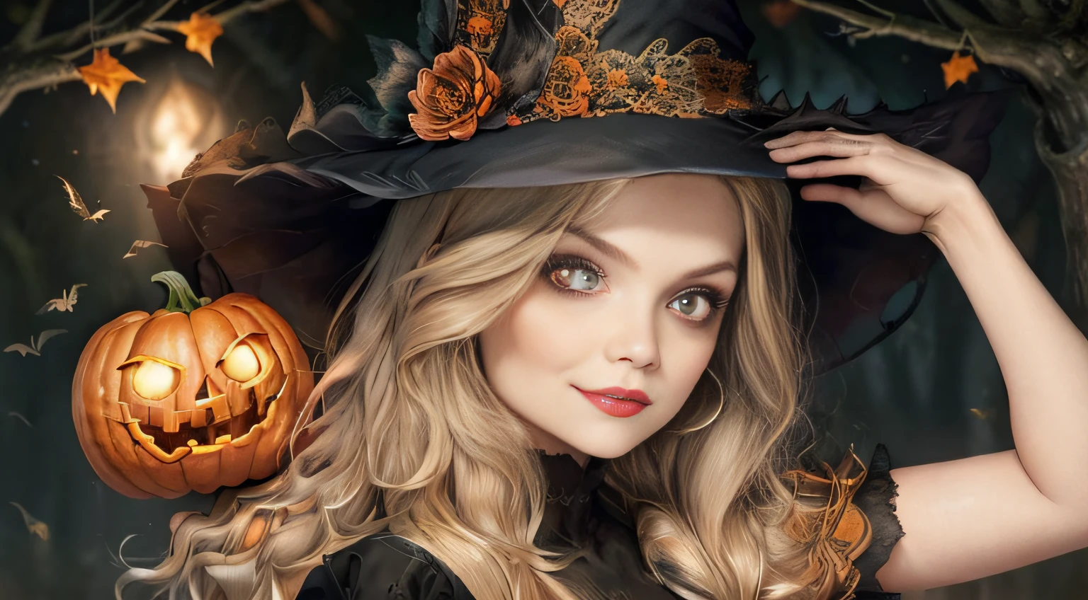 1girl, sozinho. dia das bruxas, bruxa, witch hat, cabelos longos, cabelos pretos,, vestido preto, seios grandes, clivagem, olhos vermelhos, salto alto preto, sorriso, Esqueleto, skull, pumpkin lanterns, Castelo de pedra velho, Owl on tree, lua sorridente, Fantasmas, graveyard, Ceepy, Pumpkin jack-o'-lanterns on spikes, Witch's broom in hand, Standing