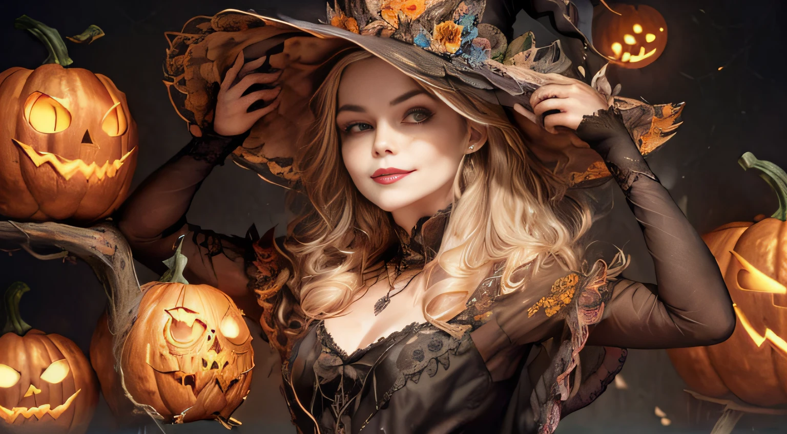 1girl, sozinho. dia das bruxas, bruxa, witch hat, cabelos longos, cabelos pretos,, vestido preto, seios grandes, clivagem, olhos vermelhos, salto alto preto, sorriso, Esqueleto, skull, pumpkin lanterns, Castelo de pedra velho, Owl on tree, lua sorridente, Fantasmas, graveyard, Ceepy, Pumpkin jack-o'-lanterns on spikes, Witch's broom in hand, Standing