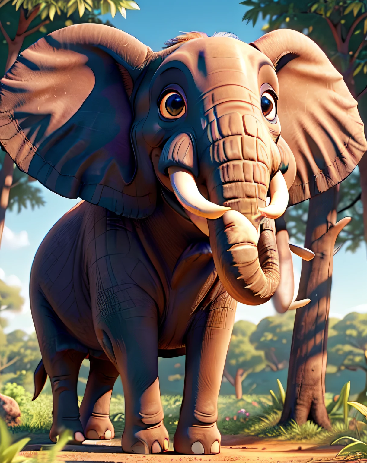 An elephant in the forest looking up at the sky