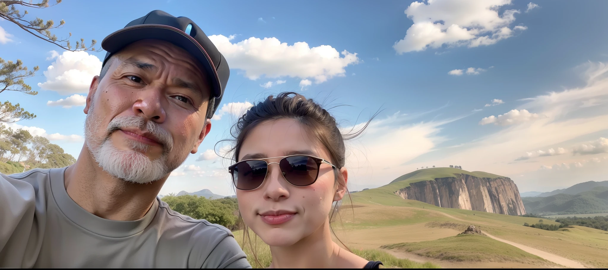 They're taking a selfie in front of a mountain, com montanhas ao fundo, Colinas ao fundo, com montanhas como pano de fundo, imagem de perfil, Fotografia selfie 8k, com morro irradiante, lindo dia ensolarado, nas montanhas, in a scenic background, dia ensolarado brilhante, com montanhas ao longe