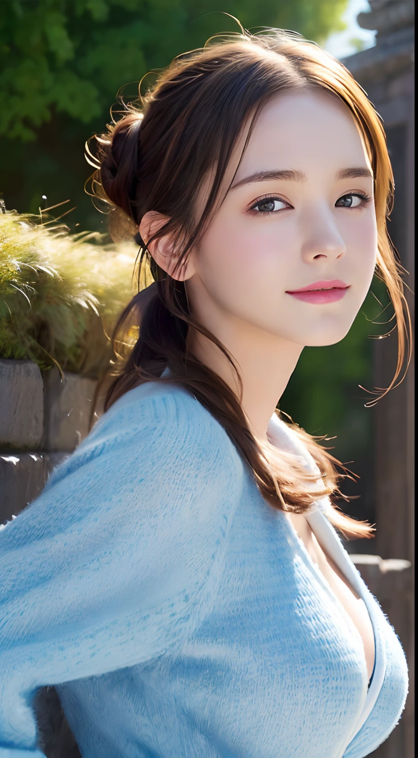 (A hyper-realistic), (hight resolution), (8K), (ighly detailed), (beatiful detailed eyes), (top-quality), (ultra-detailliert), (masterpiece), (A detailed face), softfocus、face of emma watson、Colossal tits、japanes、Background of the Great Wall of China、Tie your hair into a bun、A smile、