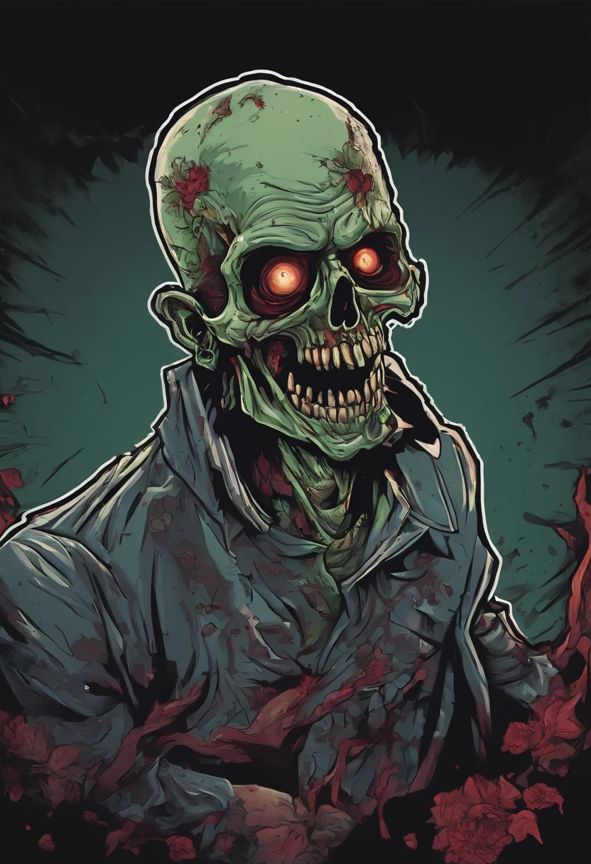 /imagine prompt: zombie illustration for a sticker with a black background, in bold outline style, jagged edges, trashcore, light shading --v 5.2