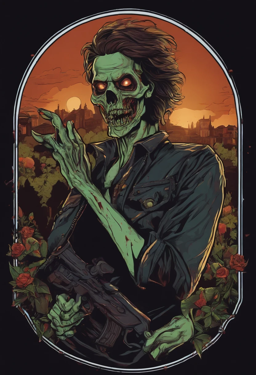 /imagine prompt: zombie illustration for a sticker with a black background, in bold outline style, jagged edges, trashcore, light shading --v 5.2