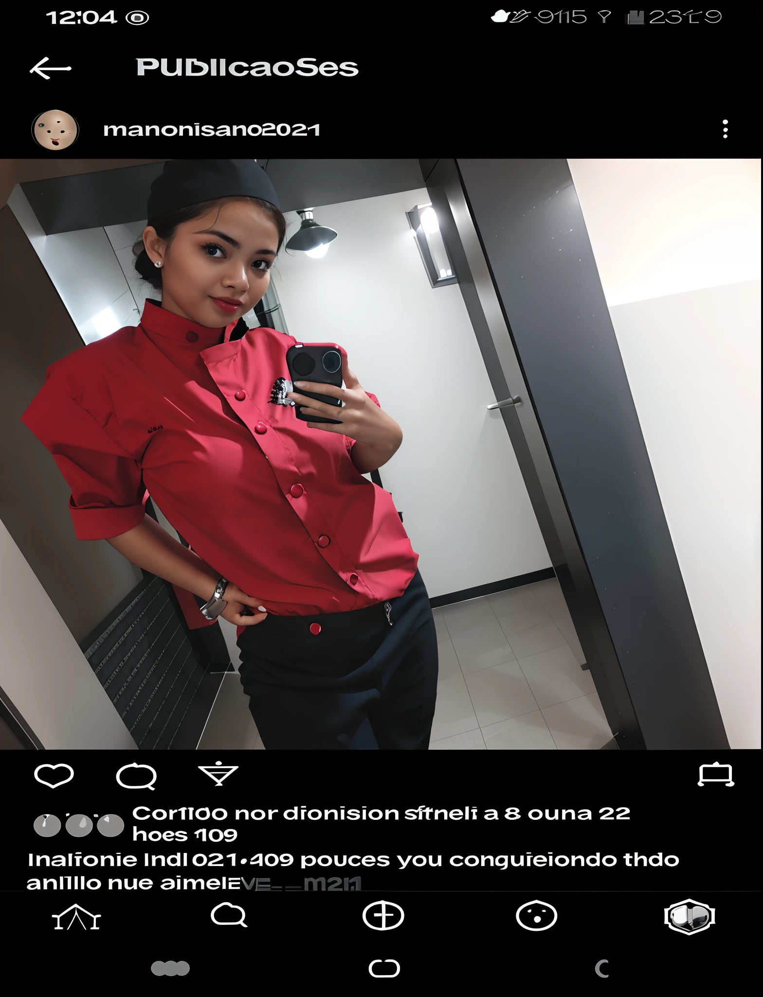there is a woman taking a selfie in a mirror, em torno de 1 9 anos, uniforme vermelho, cerca de 20 yo, imagem de corpo inteiro, Vestindo o uniforme da RR Diner, cozinhado, melhor chef, tudo vermelho, 1 6 anos, pronto para comer, in the style of sifu 🔥 😎 🕹️ 👀 :2, em vermelho e preto, 2 2 anos