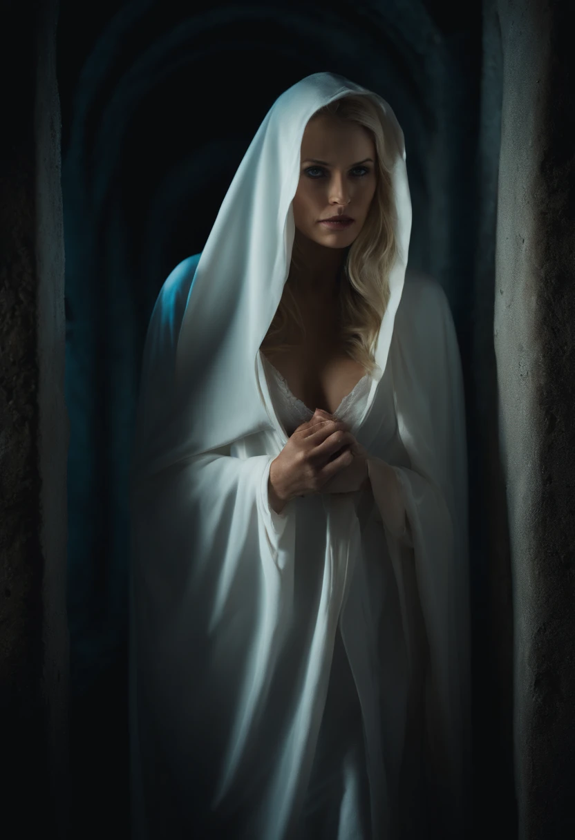 Beautiful woman 45 years old(death),in a white hooded shroud,Cyan eyes, blonde woman,Wide chest,full length,Standing in a dark tunnel,In one hand is a bloody scythe,The other hand is outstretched, beckoning to follow,Picture Quality Figure 8K, photo,tmasterpiece, crisp detailing.