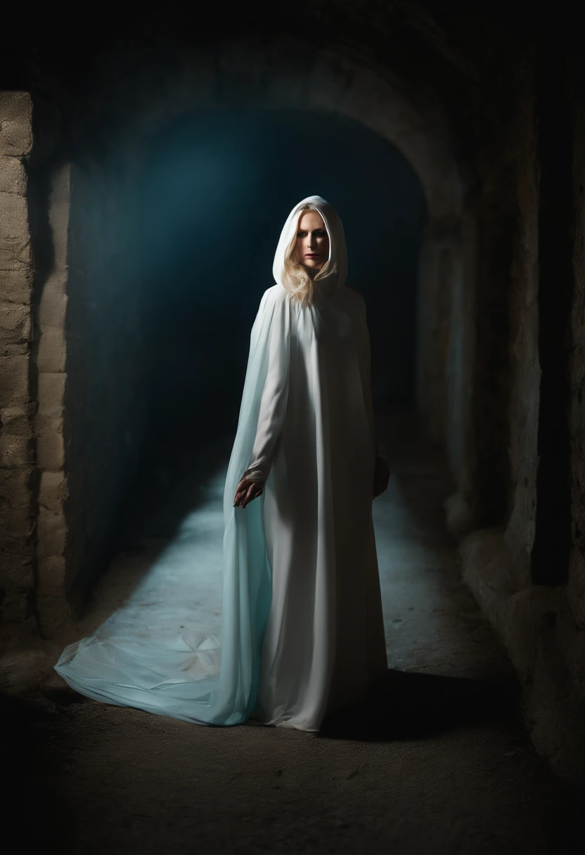Beautiful woman 45 years old(death),in a white hooded shroud,Cyan eyes, blonde woman,Wide chest,full length,Standing in a dark tunnel,In one hand is a bloody scythe,The other hand is outstretched, beckoning to follow,Picture Quality Figure 8K, photo,tmasterpiece, crisp detailing.