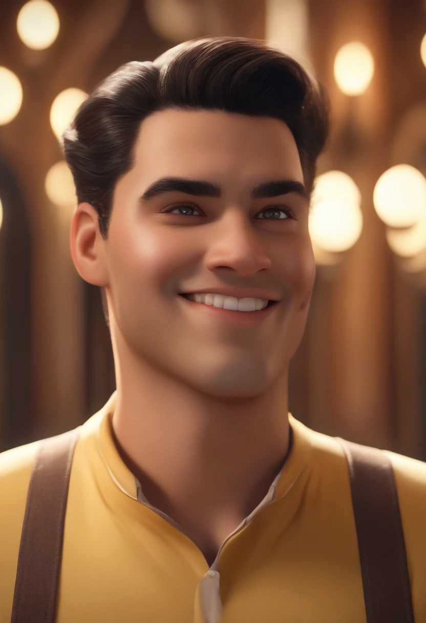 (best quality,4k,8k,highres,masterpiece:1.2),ultra-detailed,(realistic,photorealistic,photo-realistic:1.37),Disney Pixar style,black hair,almond-shaped eyes,round face,man,engaging smile,vibrant colors,expressive eyebrows,perfectly styled hairline,soft skin texture,natural lighting,playful background,portraits,compelling expressions